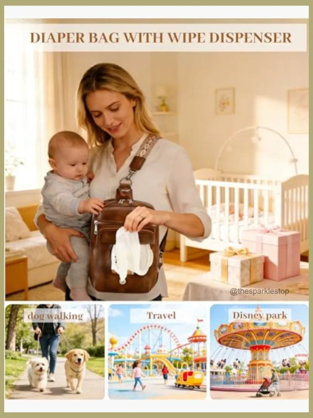 2-in-1 Mini Diaper Bag with Instant Wipes Access, Faux Leather,